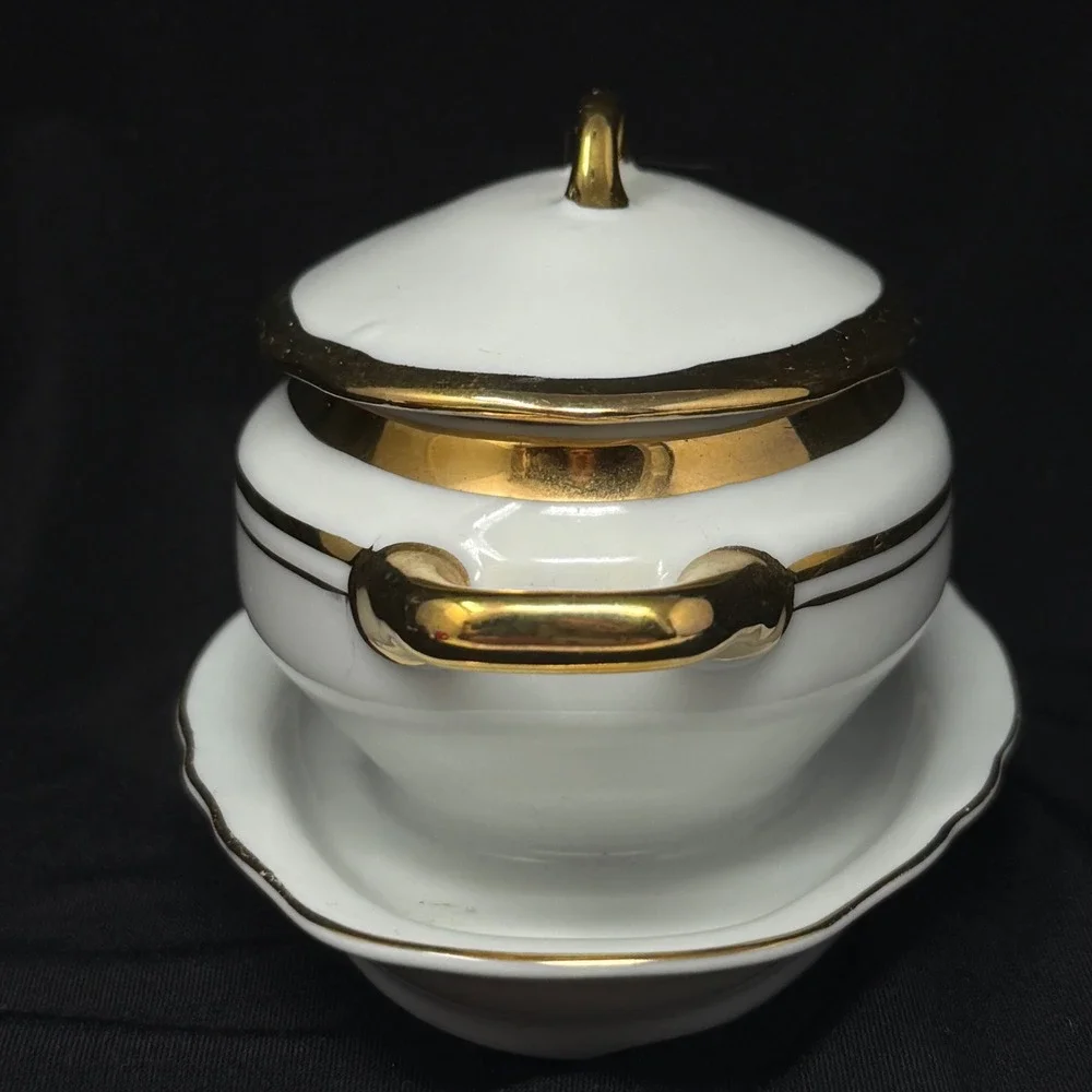 Royal Crown Sugar Bowl Tureen Gravy Boat Style White Gold Accent 525‎ Mini 5.25